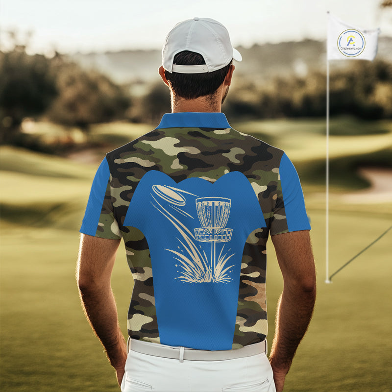 Mens Disc Golf Polo Shirt Custom Name Camo Disc Golf Basket, Personalized Disc Golf Shirts|Blue NBT640