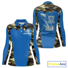 Load image into Gallery viewer, Womens Disc Golf Polo Shirt Custom Name Camo Disc Golf Basket, Personalized Disc Golf Shirts|Blue NBT640