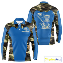 Load image into Gallery viewer, Mens Disc Golf Polo Shirt Custom Name Camo Disc Golf Basket, Personalized Disc Golf Shirts|Blue NBT640