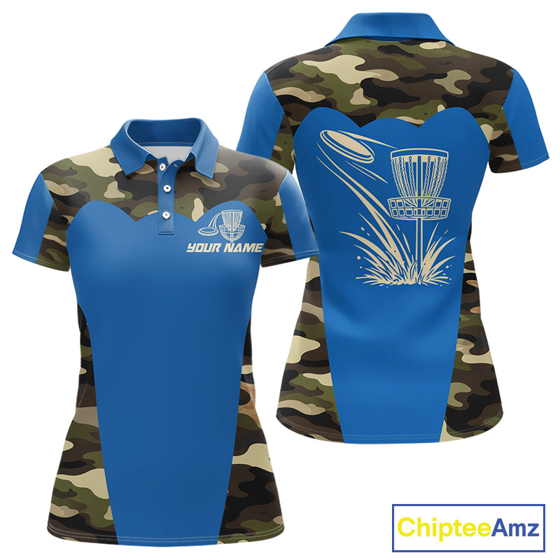 Womens Disc Golf Polo Shirt Custom Name Camo Disc Golf Basket, Personalized Disc Golf Shirts|Blue NBT640