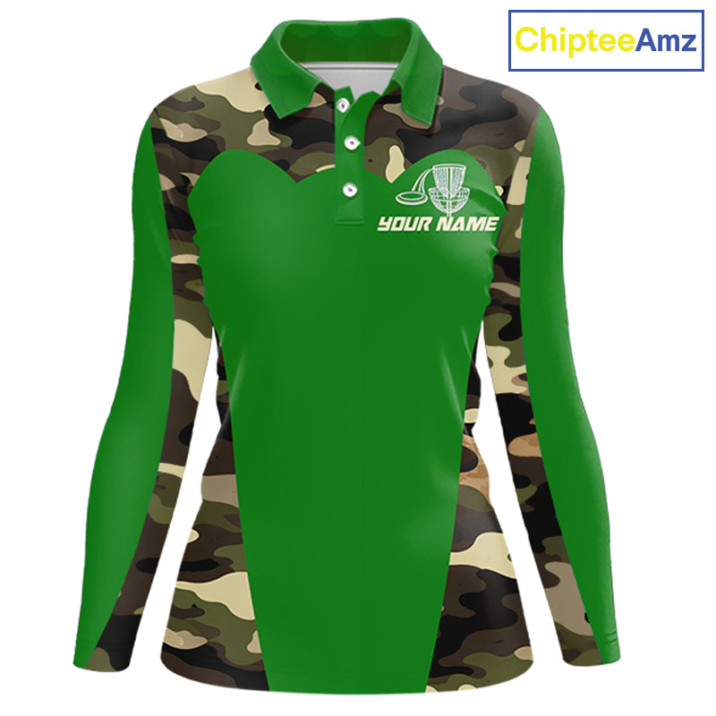 Womens Disc Golf Polo Shirt Custom Name Camo Disc Golf Basket, Personalized Disc Golf Shirts|Green NBT641