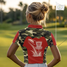 Load image into Gallery viewer, Womens Disc Golf Polo Shirt Custom Name Camo Disc Golf Basket, Personalized Disc Golf Shirts|Red NBT642