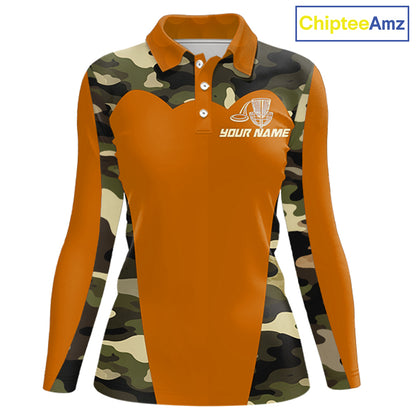 Womens Disc Golf Polo Shirt Custom Name Camo Disc Golf Basket, Personalized Disc Golf Shirts|Orange NBT644