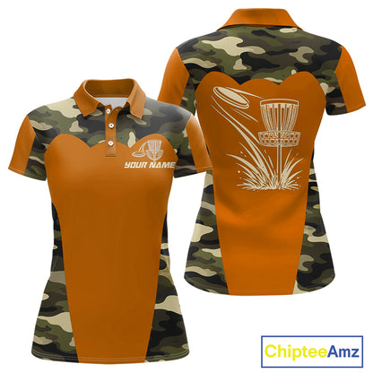 Womens Disc Golf Polo Shirt Custom Name Camo Disc Golf Basket, Personalized Disc Golf Shirts|Orange NBT644