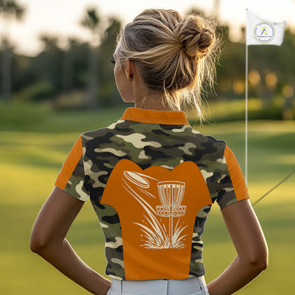 Womens Disc Golf Polo Shirt Custom Name Camo Disc Golf Basket, Personalized Disc Golf Shirts|Orange NBT644