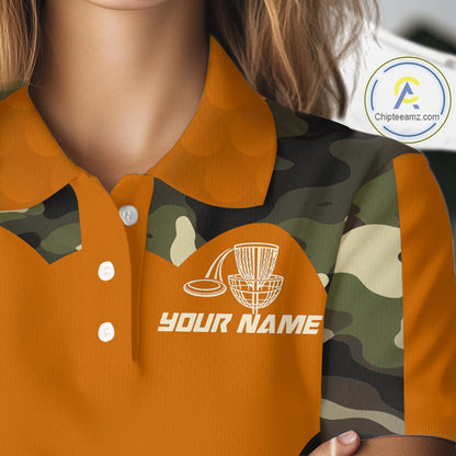 Womens Disc Golf Polo Shirt Custom Name Camo Disc Golf Basket, Personalized Disc Golf Shirts|Orange NBT644