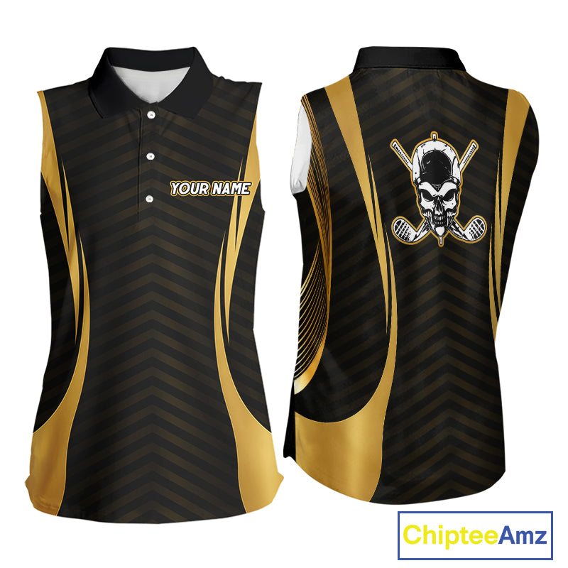 Front and back view Custom Skull womens sleeveless golf polo shirt black gold design with custom name on sleeve