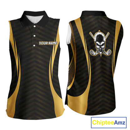 Front and back view Custom Skull womens sleeveless golf polo shirt black gold design with custom name on sleeve