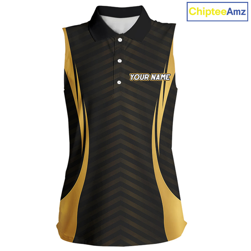 Front view Custom Skull womens sleeveless golf polo shirt black gold design with custom name on sleeve