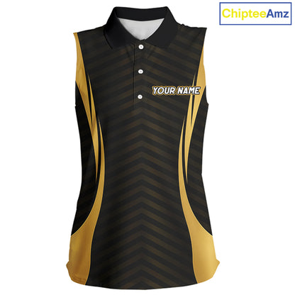 Front view Custom Skull womens sleeveless golf polo shirt black gold design with custom name on sleeve