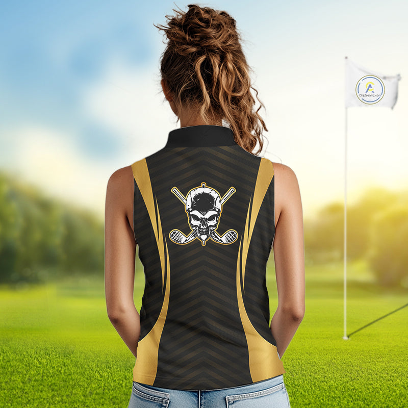 Golfer wearing Custom Skull womens sleeveless golf polo shirt black gold personalized golf gift for men on the golf course
