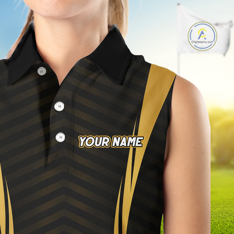 Close-up fabric Custom Skull womens sleeveless golf polo shirt black gold personalized golf polo for men