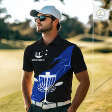 Load image into Gallery viewer, Blue Mens Disc Golf Polo Shirts Custom Thunder Lightning Team Disc Golf Jerseys, Disc Golf Gifts NBT649