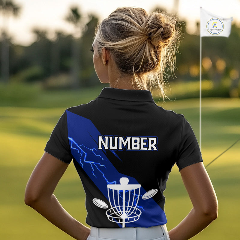 Blue Womens Disc Golf Polo Shirts Custom Thunder Lightning Team Disc Golf Jerseys, Disc Golf Gifts NBT649