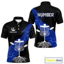 Load image into Gallery viewer, Blue Mens Disc Golf Polo Shirts Custom Thunder Lightning Team Disc Golf Jerseys, Disc Golf Gifts NBT649
