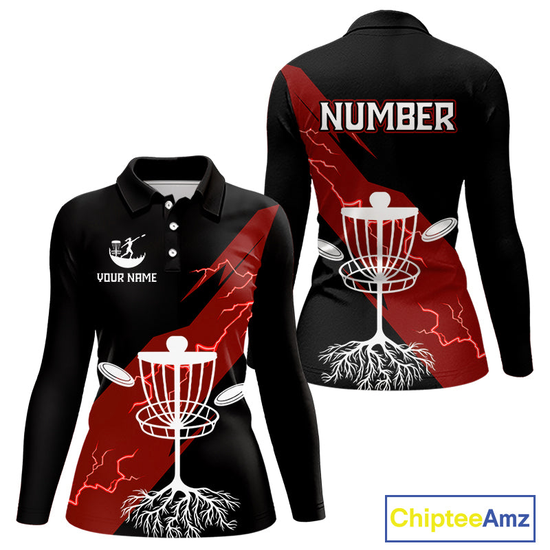 Red Womens Disc Golf Polo Shirts Custom Thunder Lightning Team Disc Golf Jerseys, Disc Golf Gifts NBT650