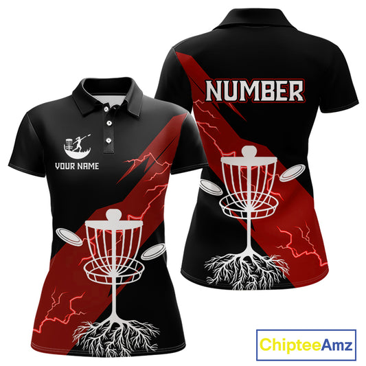 Red Womens Disc Golf Polo Shirts Custom Thunder Lightning Team Disc Golf Jerseys, Disc Golf Gifts NBT650