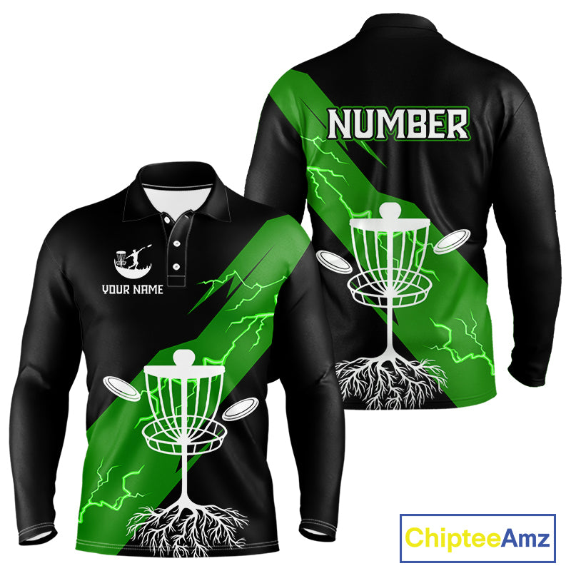 Green Mens Disc Golf Polo Shirts Custom Thunder Lightning Team Disc Golf Jerseys, Disc Golf Gifts NBT651