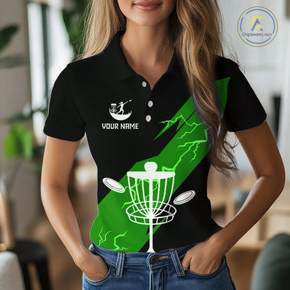 Green Womens Disc Golf Polo Shirts Custom Thunder Lightning Team Disc Golf Jerseys, Disc Golf Gifts NBT651