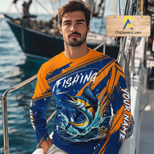 Load image into Gallery viewer, Custom Marlin Fishing Blue Orange Long Sleeve Shirts, Marlin Saltwater Fishing Jerseys NBT857
