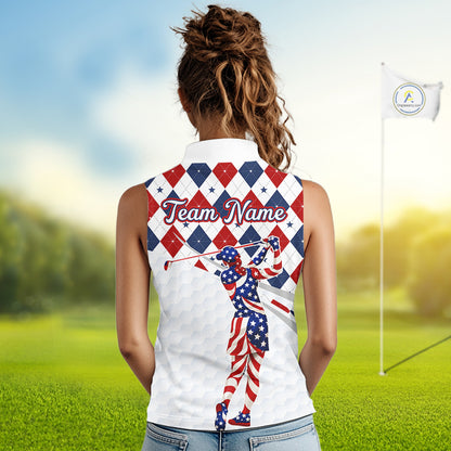 American Flag Sleeveless Golf Polo Shirt For Womens Patriotic White Golf Shirt 4th of July Golf Outfit Golf Gifts NBT520