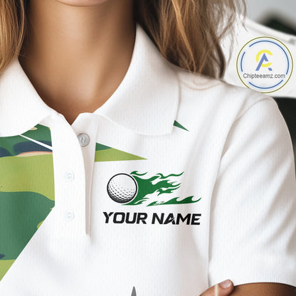 Green And White Retro Golf Pattern Polo Golf Shirt For Women Custom Ladies Golf Clothes, Golf Gifts NBT678
