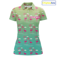 Load image into Gallery viewer, Pink Flamingo Palm Tree Womens Golf Polo Shirt, Tropical Golf Shirt, Cute Flamingo Print Summer Polo NBT538