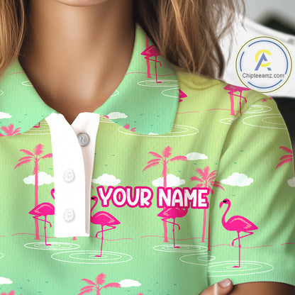 Pink Flamingo Palm Tree Womens Golf Polo Shirt, Tropical Golf Shirt, Cute Flamingo Print Summer Polo NBT538