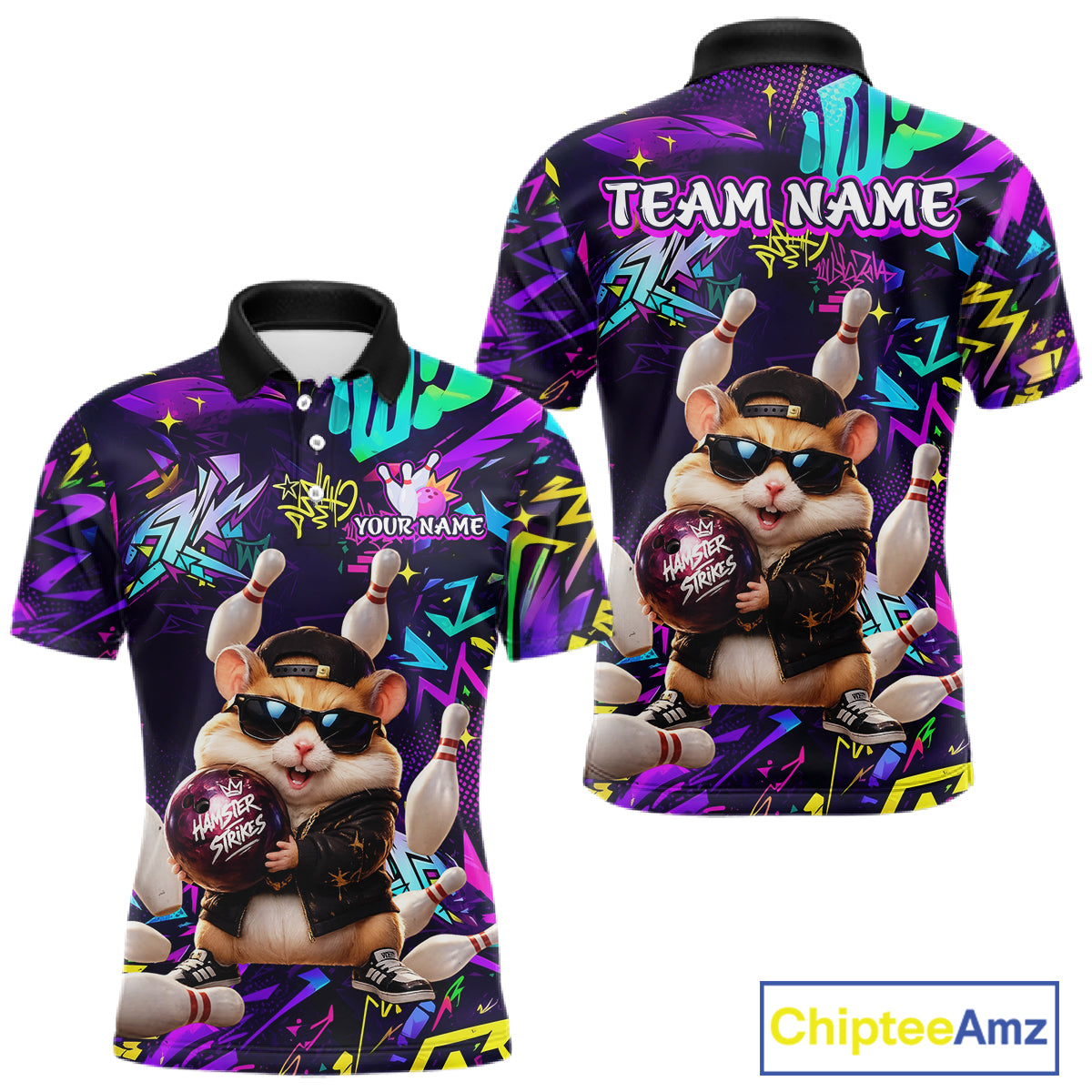 Front and back view of custom funny hamster purple graffiti bowling team polo shirt with personalized name