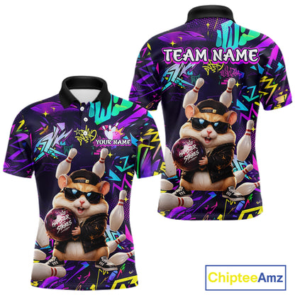 Front and back view of custom funny hamster purple graffiti bowling team polo shirt with personalized name