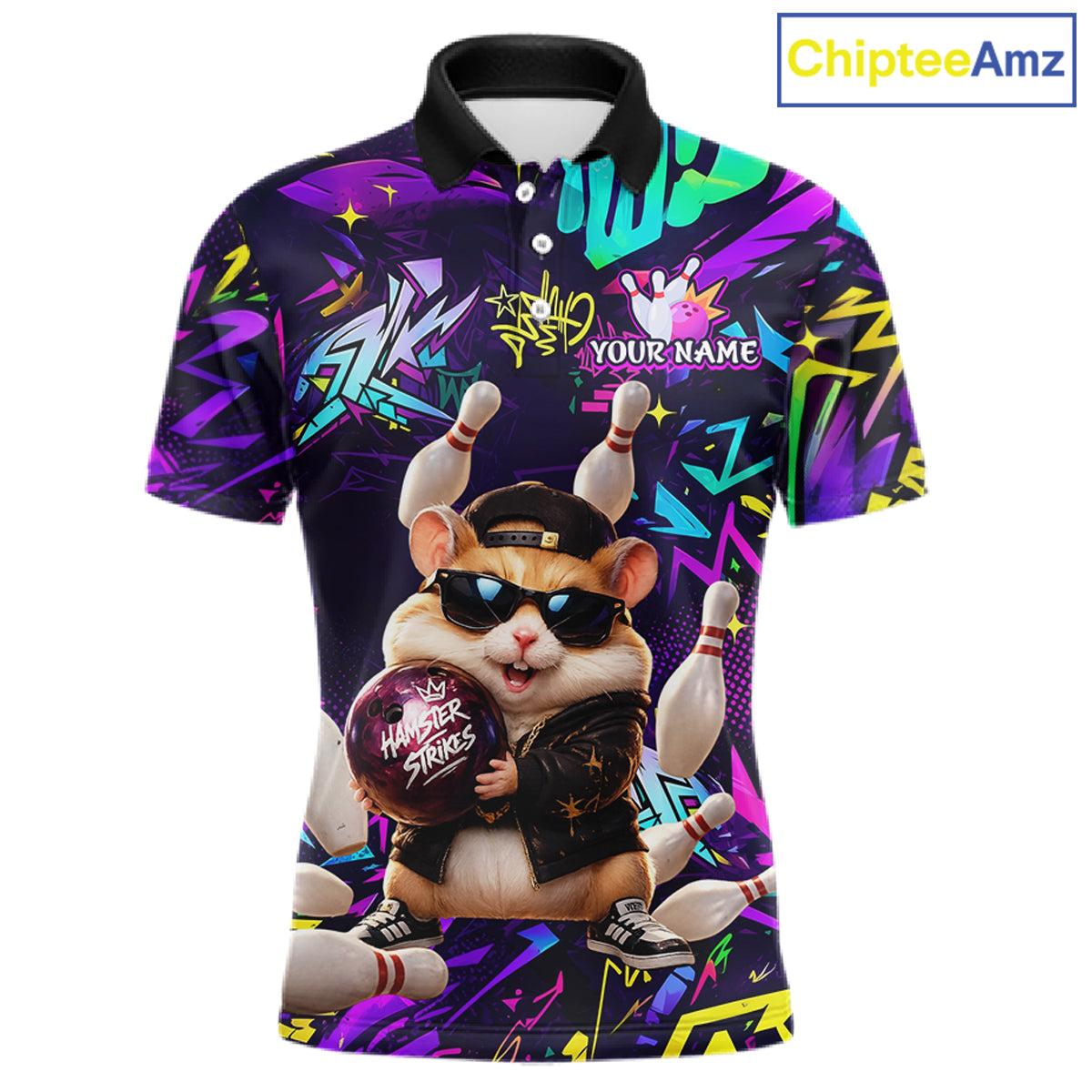 Front view of custom funny hamster purple graffiti bowling team polo shirt