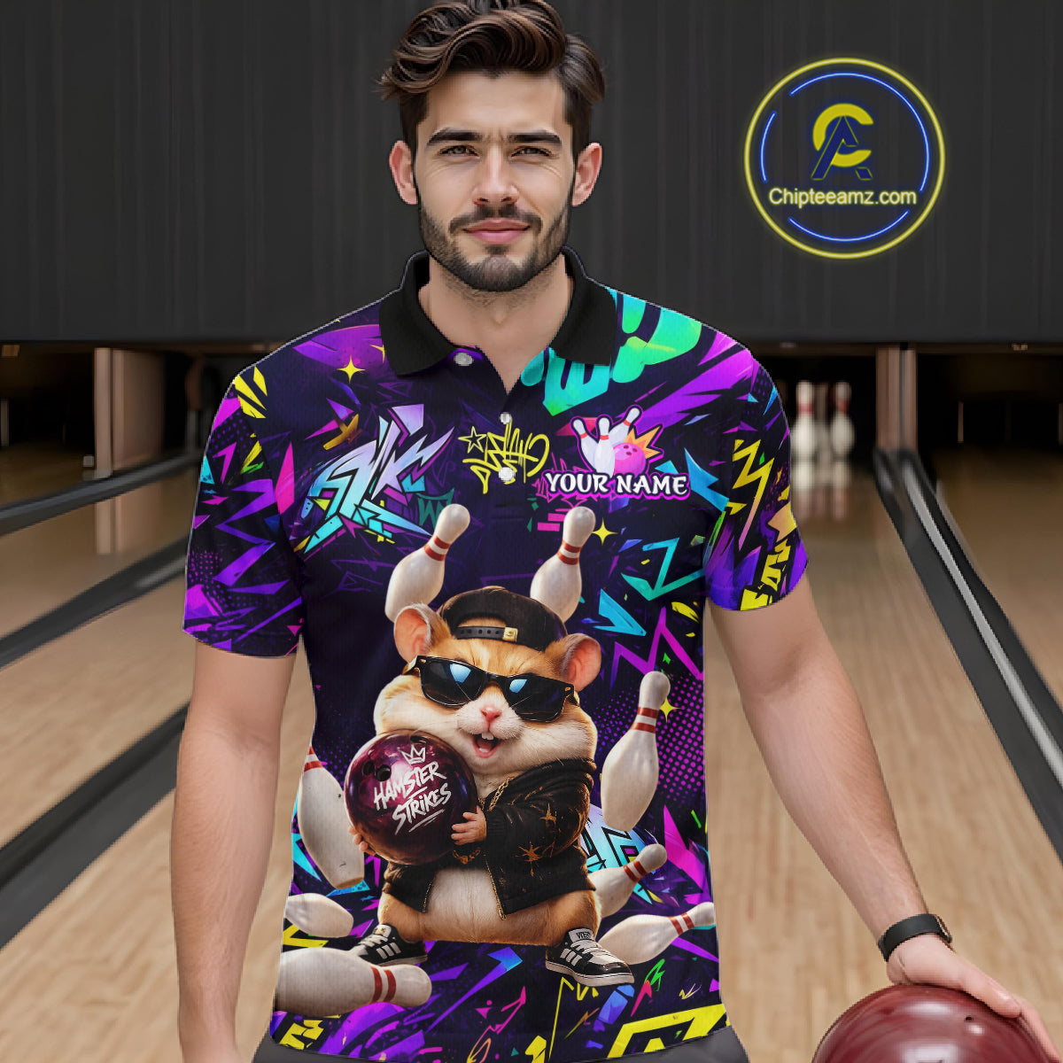 Bowler wearing custom funny hamster purple graffiti bowling shirt on the lanes