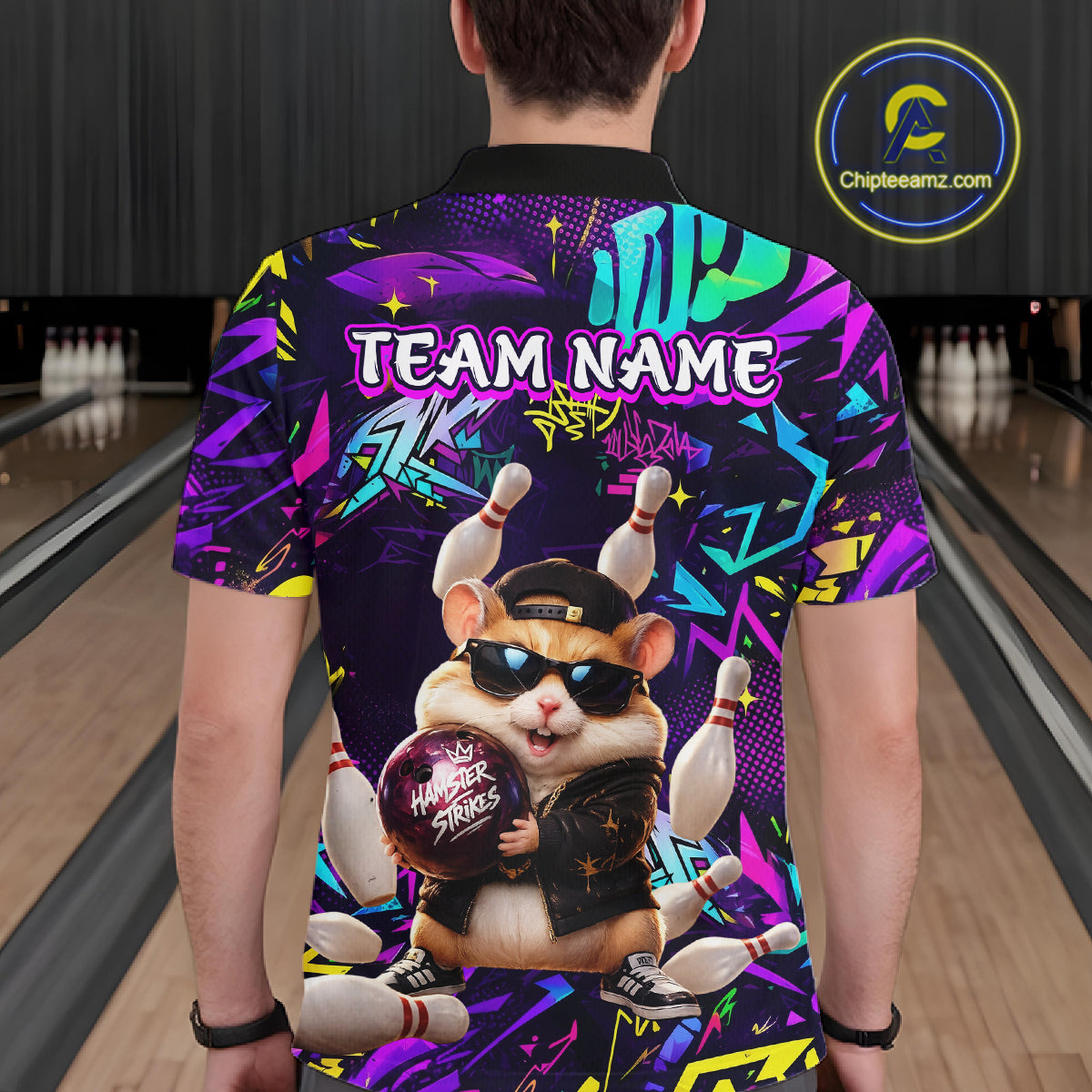 Bowler wearing custom funny hamster purple graffiti bowling shirt on the lanes - back view