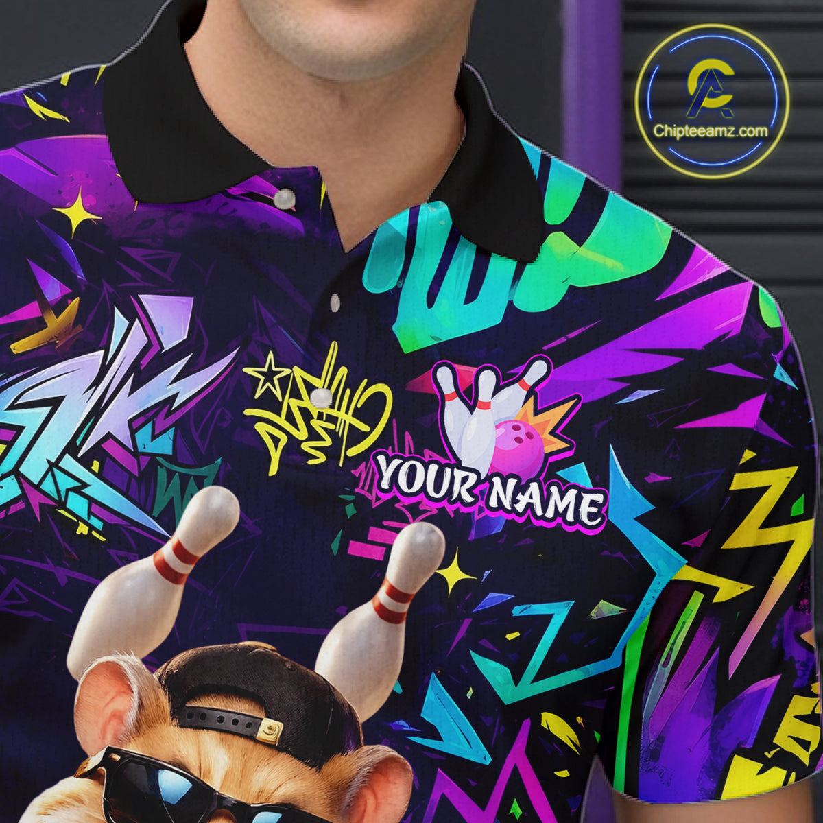 Custom Funny Hamster Purple Graffiti Pattern Bowling Team Shirt Polo & 1/4 Bowling Outfit NBT877