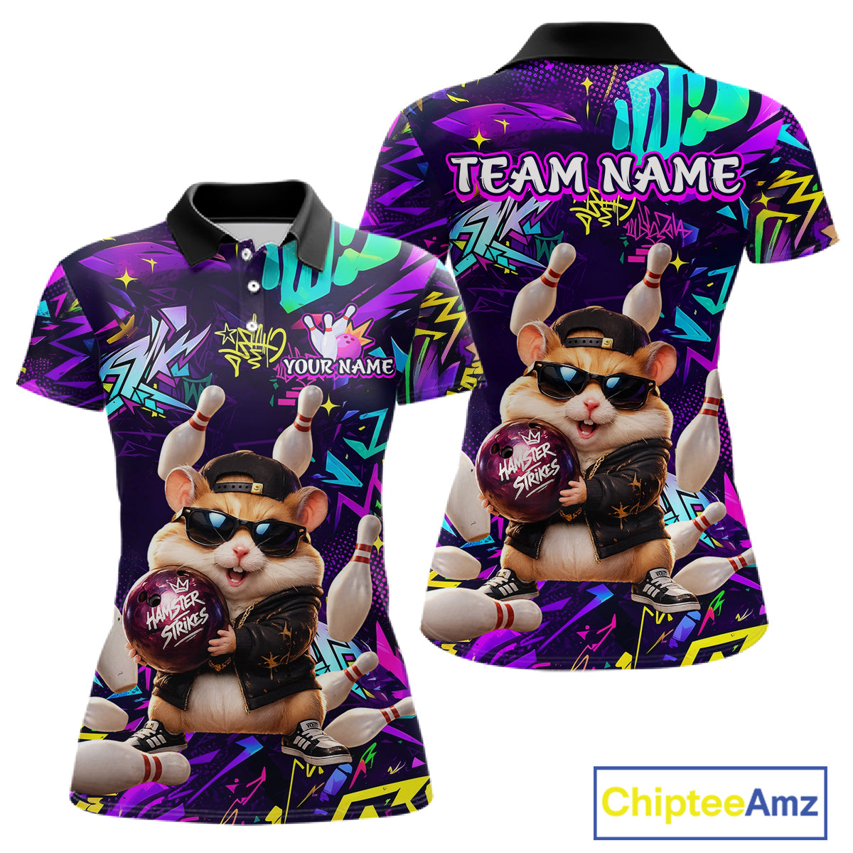 Front and view of custom funny hamster purple graffiti women bowling team polo shirt with personalized name