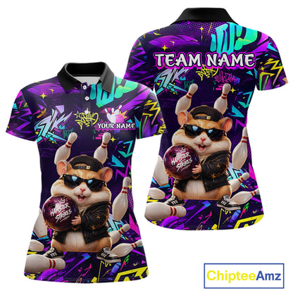 Front and view of custom funny hamster purple graffiti women bowling team polo shirt with personalized name