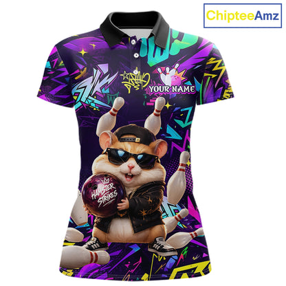 Front view of custom funny hamster purple graffiti women bowling team polo shirt