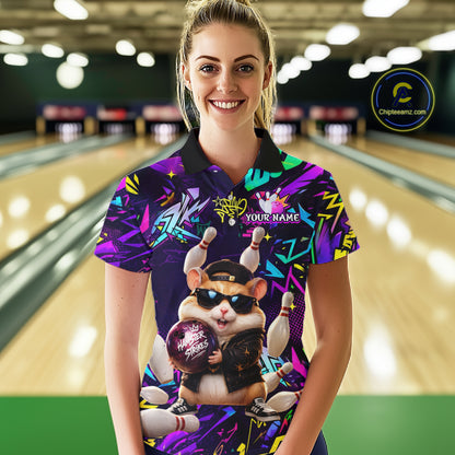 Bowler wearing custom funny hamster purple graffiti women bowling polo shirt on the lanes