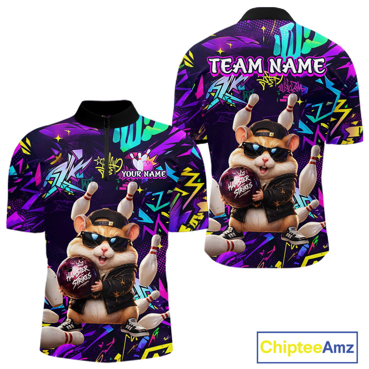 Front and back view of custom funny hamster purple graffiti bowling team 1/4 quarter zip shirt with personalized name