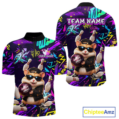 Front and back view of custom funny hamster purple graffiti bowling team 1/4 quarter zip shirt with personalized name