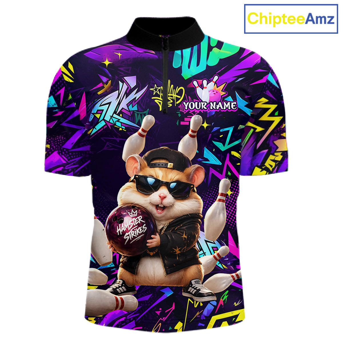 Front view of custom funny hamster purple graffiti bowling team 1/4 quarter zip shirt