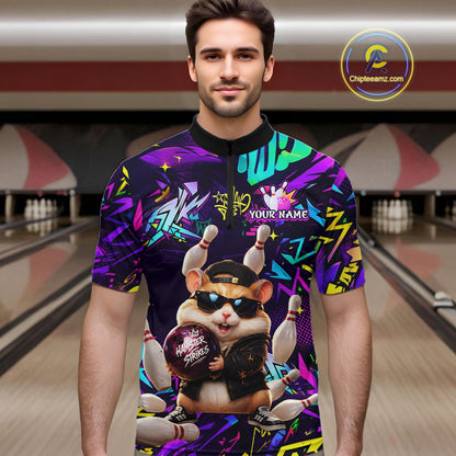 Bowler wearing custom funny hamster purple graffiti bowling 1/4 quarter zip shirt on the lanes