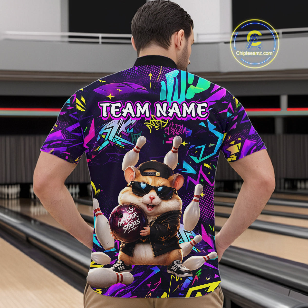 Bowler wearing custom funny hamster purple graffiti bowling shirt on the lanes