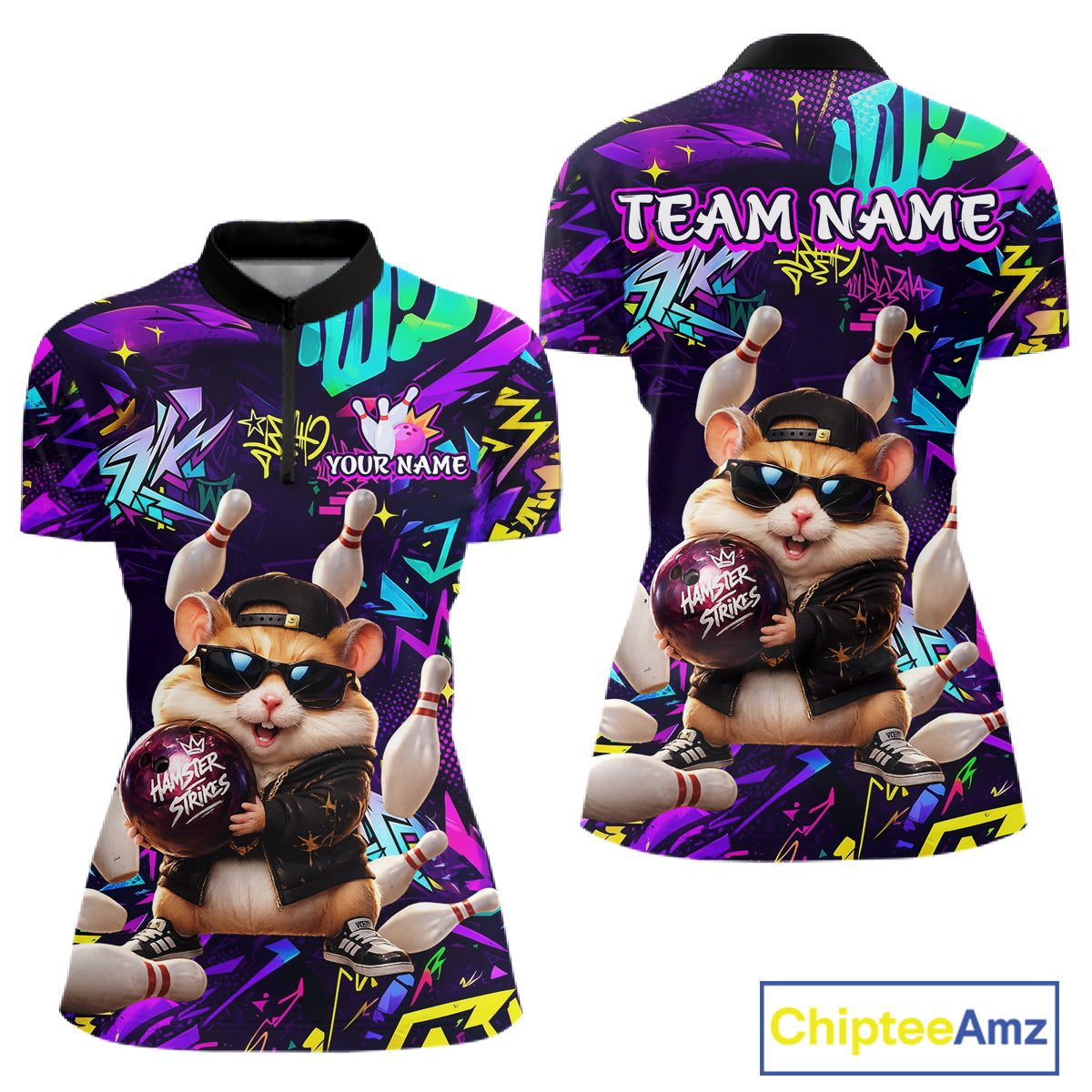 Front and view of custom funny hamster purple graffiti women bowling team 1/4 quarter zip shirt with personalized name