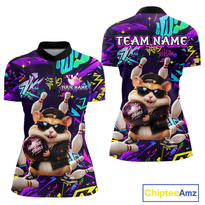 Front and view of custom funny hamster purple graffiti women bowling team 1/4 quarter zip shirt with personalized name