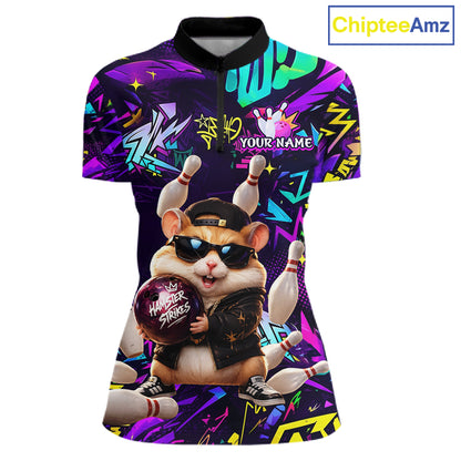 Front view of custom funny hamster purple graffiti women bowling team 1/4 quarter zip shirt