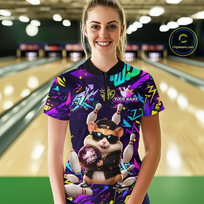 Bowler wearing custom funny hamster purple graffiti women bowling 1/4 quarter zip shirt on the lanes
