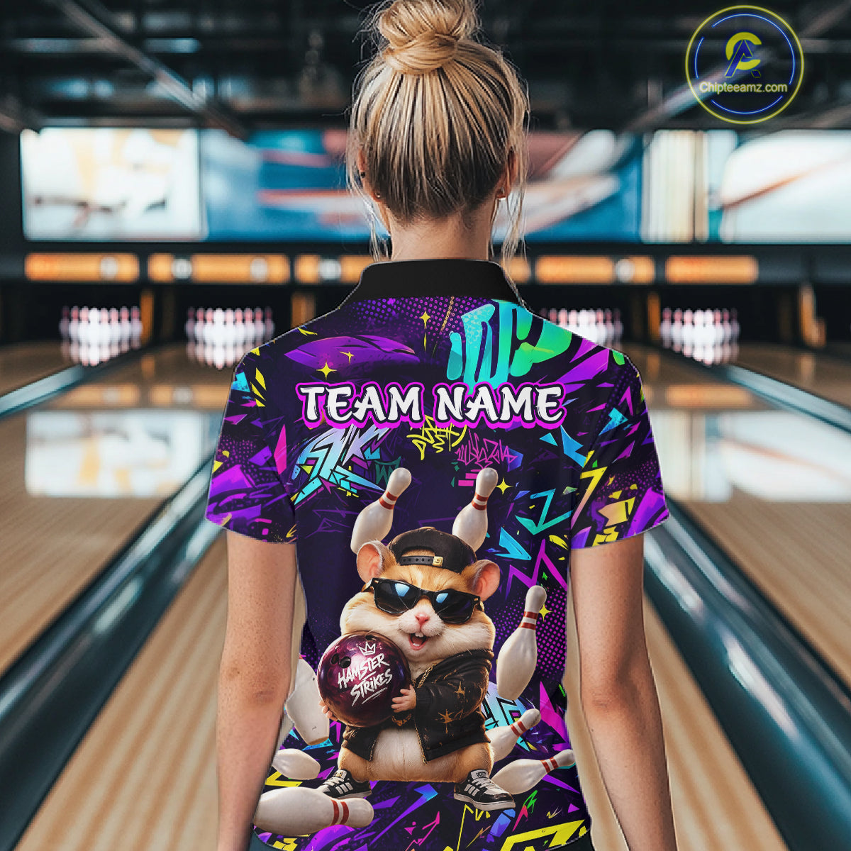 Bowler wearing custom funny hamster purple graffiti women bowling polo shirt on the lanes - back view