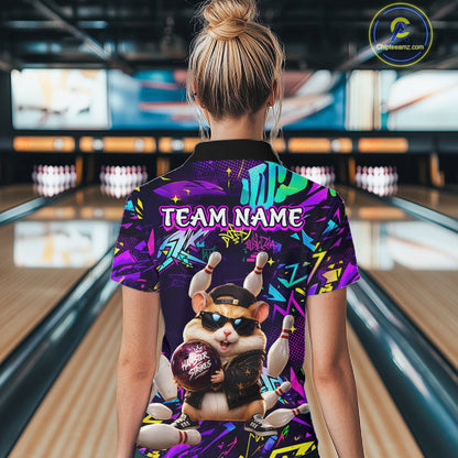 Bowler wearing custom funny hamster purple graffiti women bowling polo shirt on the lanes - back view