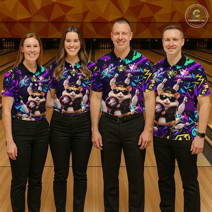 Bowling team wearing matching custom funny hamster purple graffiti jerseys with personalized name
